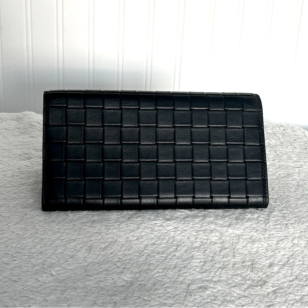 NWT Authentic Bottega Veneta Printed Grid Calf Leather Flap Long Wallet Black